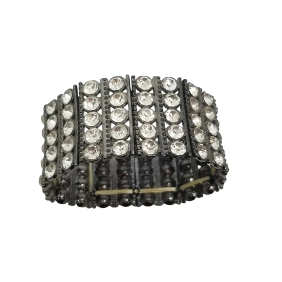 VINTAGE SILVERTONE & WHITE GLASS RHINESTONE PANEL STRETCH BRACELET - Picture 5 of 6